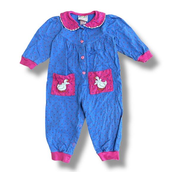 Vintage 80s BASICS by City Kids Romper 18M Blue Pink Polka Dot Duck Appliqué - Picture 1 of 9